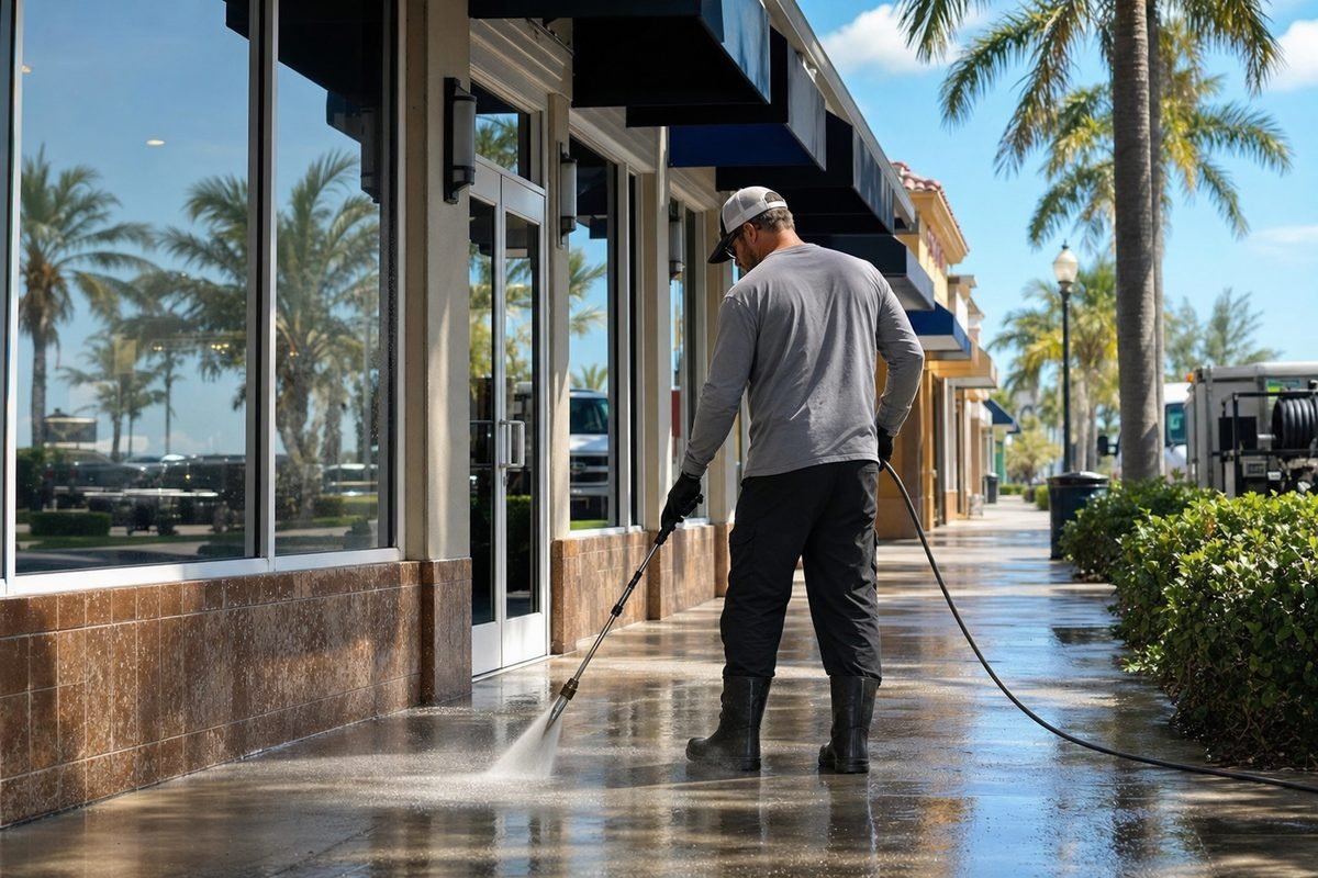 Commercial storefront sidewalk being pressure washed