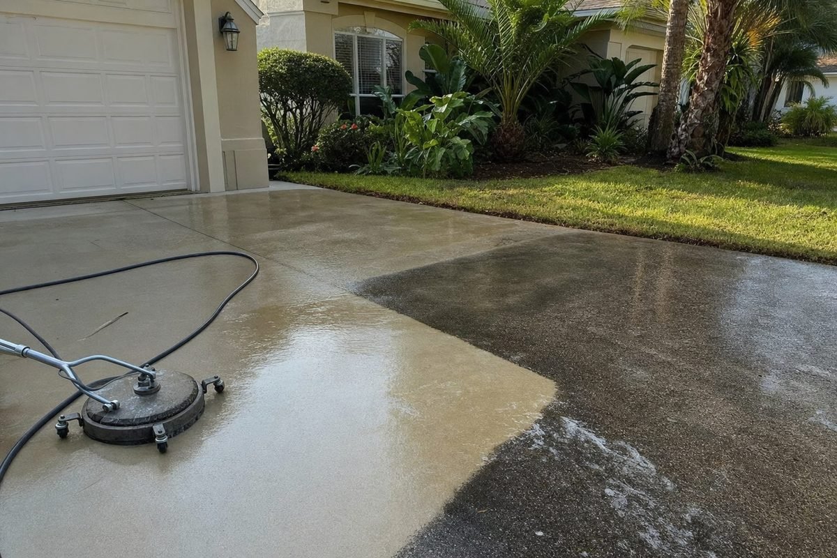 Concrete driveway being cleaned with a surface cleaner attachment