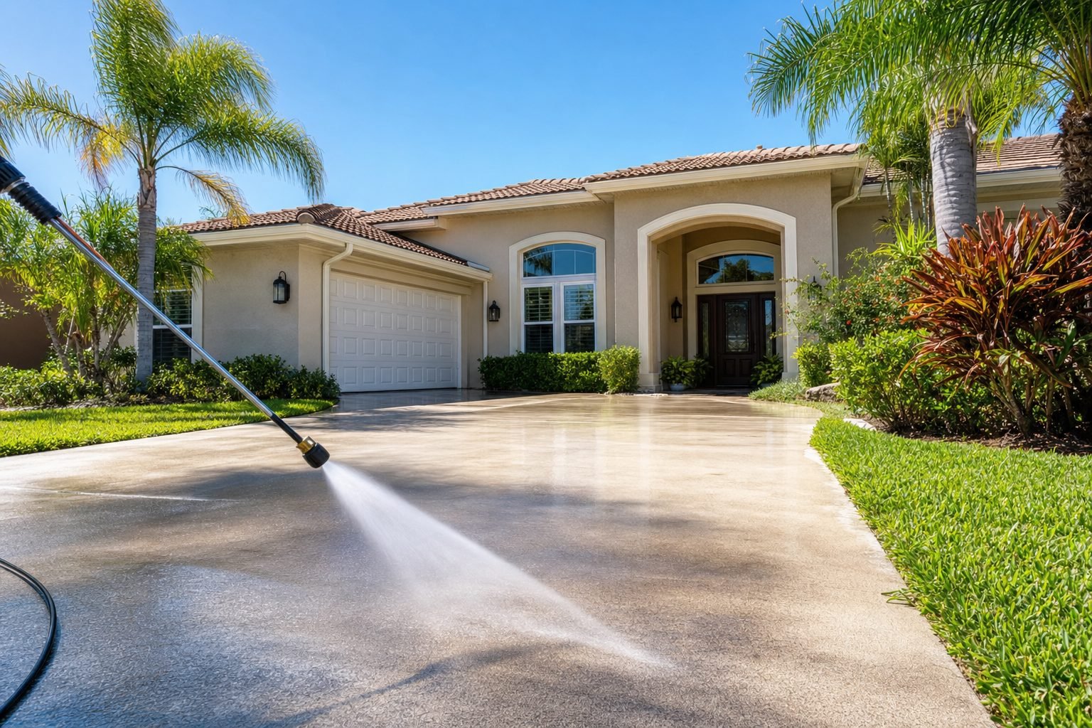 Pressure washing a Florida home driveway — professional exterior cleaning in Brevard County