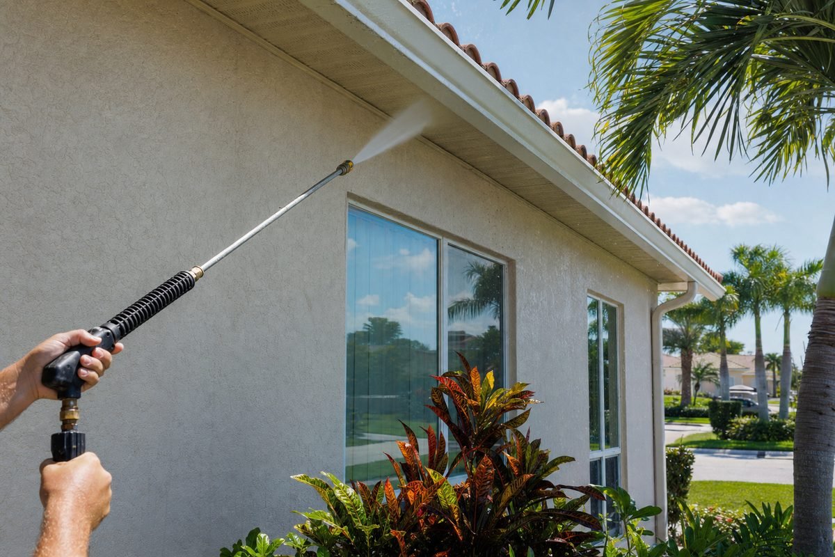 Florida home exterior being soft-washed by a professional