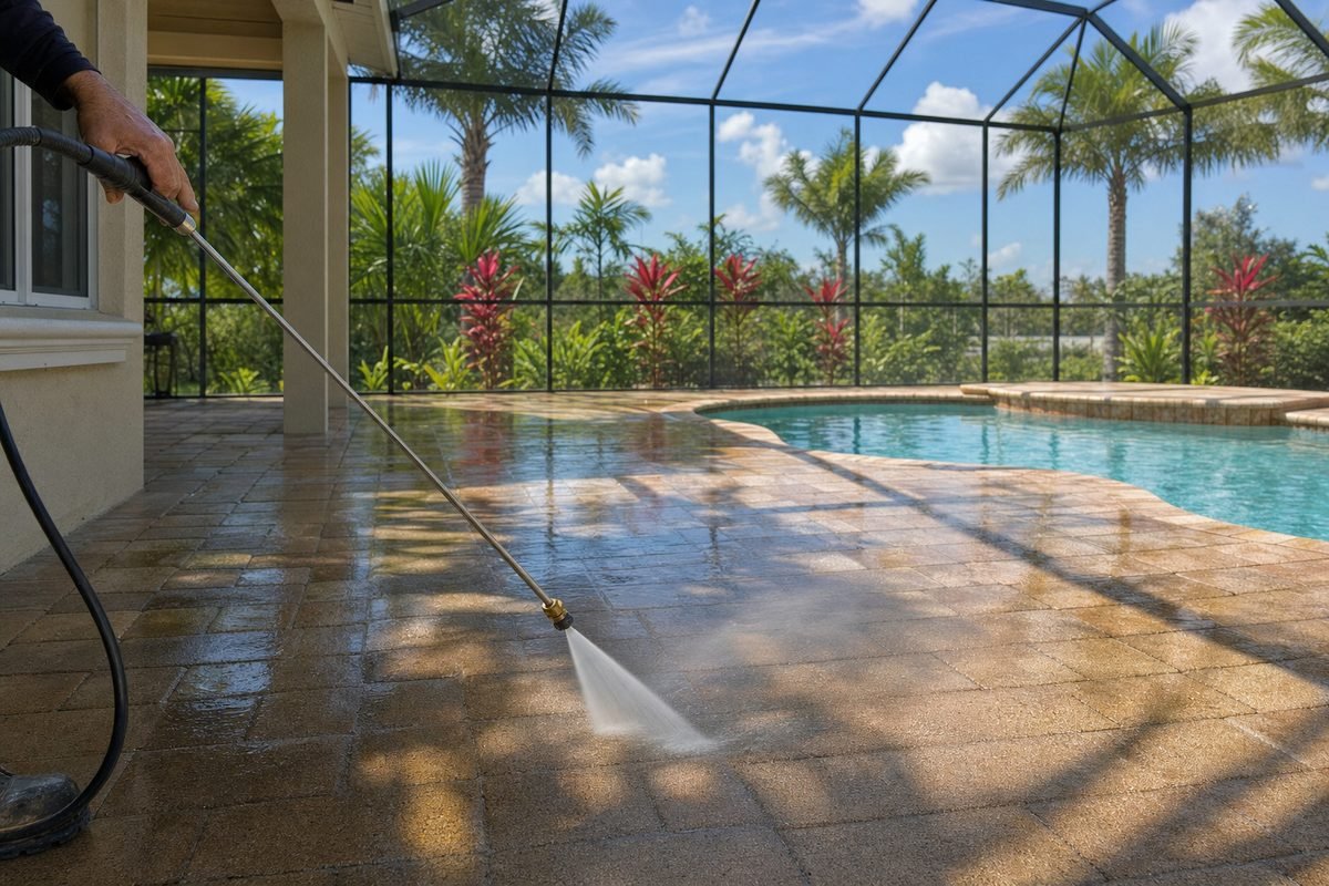 Pool deck and patio after pressure washing
