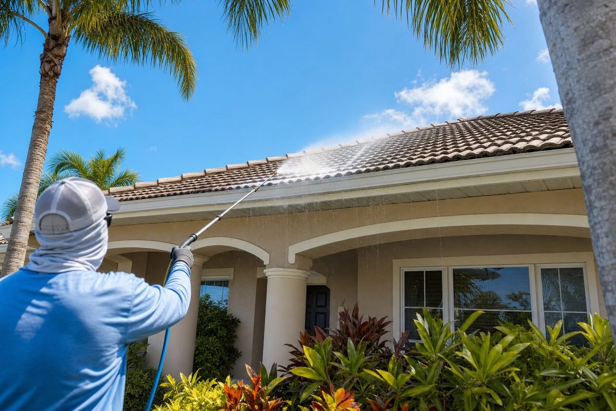 Shingle roof with black streak algae being treated
